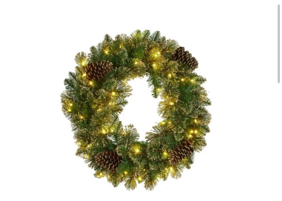 Glittery Gold Wreath 61cm with LED lights NATGG61W